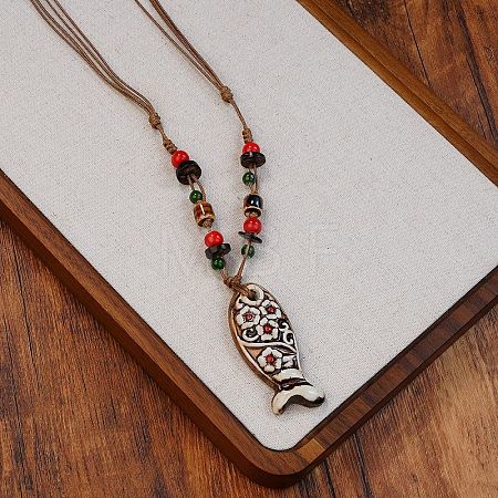 Adjustable Ethnic Handmade Porcelain & Wood White Pendant Waxed Cord Necklaces WG91B87-06-1