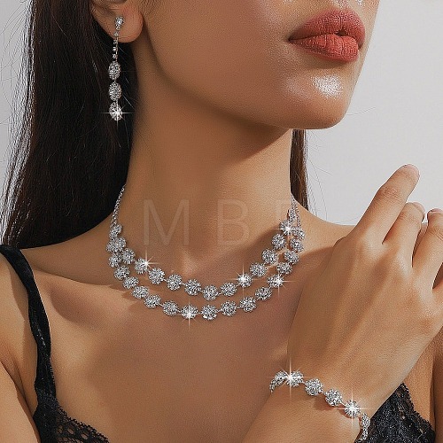 Flower Alloy Rhinestone Chain Double Layer Necklaces & Stud Dangle Earrings & Bracelets Sets FS-WG0F210-01-1