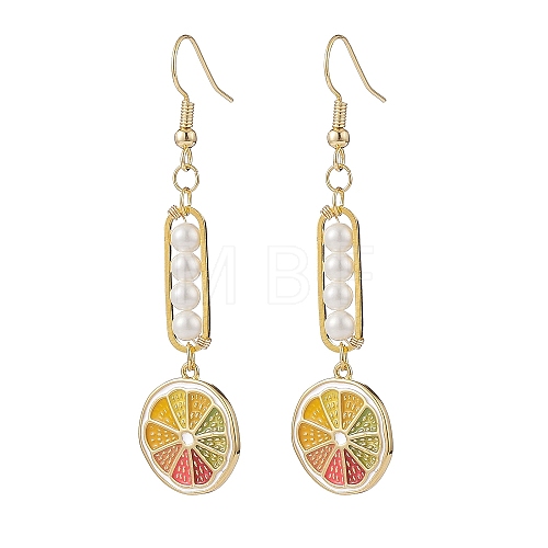 Shell Pearl with Enamel Lemon Dangle Earrings EJEW-TA00071-1