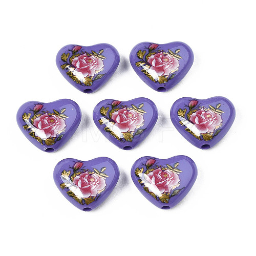 Flower Printed Opaque Acrylic Heart Beads SACR-S305-28-M04-1