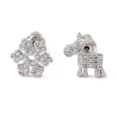 Christmas Snowflake & Deer Brass Micro Pave Clear Cubic Zirconia Asymmetrical Stud Earrings for Women EJEW-M257-01P-1