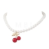 Brass Resin Red Cherry Pendant Round White Shell Pearl Beaded Necklaces NJEW-JN05733-2