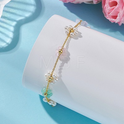 Brass & Glass Flower Link Chain Bracelets for Women BJEW-JB14026-1