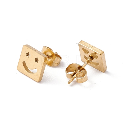 304 Stainless Steel Square with Smile Face Stud Earrings EJEW-E163-03G-1