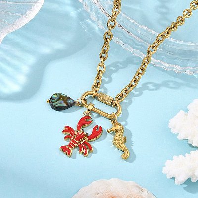 Ocean Brass Enamel Red Lobster Pendants 304 Stainless Steel Cable Chain Necklaces for Women NJEW-JN06483-02-1