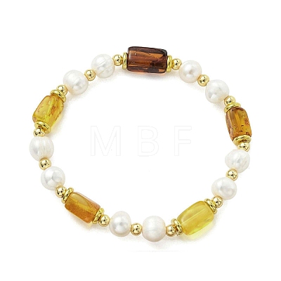 Natural Cultured Freshwater Pearl & Amber  Beads Stretch Bracelets for Women BJEW-JB13606-1