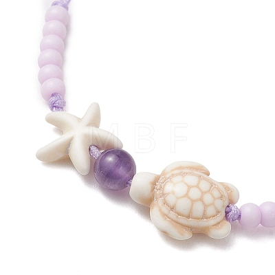 Adjustable Ocean Starfish Turtle Natural Mixed Gemstone & Glass Seed Beads Braided Bracelets BJEW-MZ00324-1