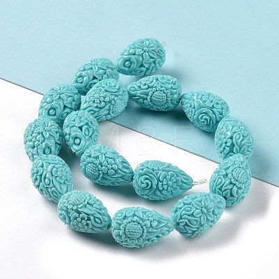Dyed Synthetical Coral Teardrop Shaped Carved Flower Bud Beads Strands CORA-L009-M-1