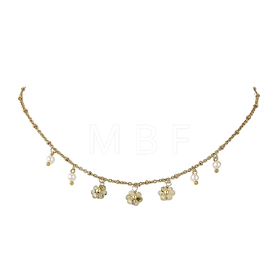 Natural Mixed Stone Faceted Round Beaded Flower Pendant 304 Stainless Steel Satellite Chain Necklaces NJEW-JN06500-1