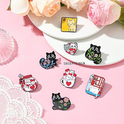 9Pcs 9 Styles Cartoon Cat & Flower Enamel Pins JEWB-SZ0002-07-1