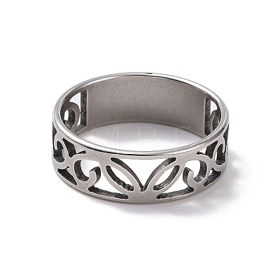 201 Stainless Steel Hollow Leaf Finger Ring for Women RJEW-J051-46P-1