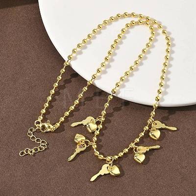 Brass Key & Heart Pendant Bib Necklaces NJEW-G183-08G-1