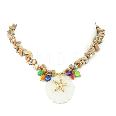 Ocean 304 Stainless Steel Starfish and Natural Shell Pendant AB Color Beaded Necklaces NJEW-JN06213-1