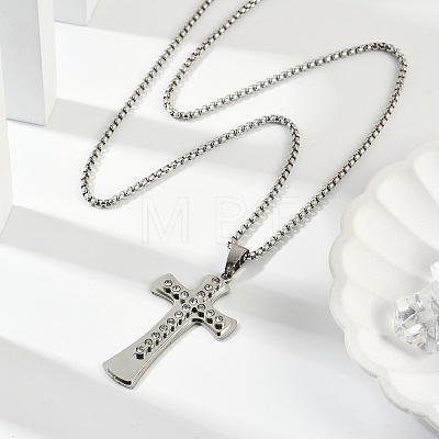 304 Stainless Steel Clear Cubic Zirconia Religion Cross Pendant Box Chain Necklaces for Men NJEW-S387-06P-1