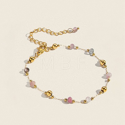 304 Stainless Steel & Natural Gemstone Faceted Rondelle Beads Link Chain Bracelets for Women TY8099-3-1