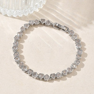 Heart Brass Micro Pave Clear Cubic Zirconia Link Chain Bracelets for Women BJEW-C156-07C-P-1