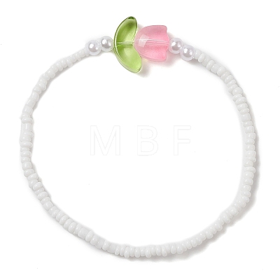 Glass Seed & Lampwork Tulip Beaded Stretch Bracelet BJEW-JB09428-1