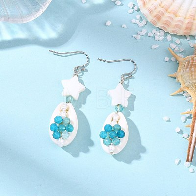 Natural Agate & Cultured Freshwater Pearl & Cowrie Shell Beads Dangle Earrings EJEW-JE07199-1