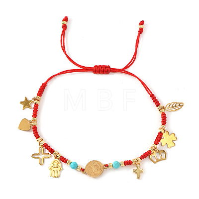 Stainless Steel Cross & Hamsa Hand & Medal Charms Braided Bracelets GU1131-1-1