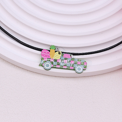Colorful Happy Easter Acrylic Plaid Pendant Black Waxed Cord Necklaces for Women FS-WGC6641-06-1