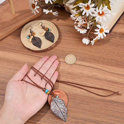 Bohemian Style Leaf Alloy & Wood Pendant Necklaces & Dangle Earrings Sets SJEW-CL0001-03-1