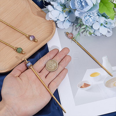 4Pcs 4 Styles Cherry Quartz Glass & Natural Blue Spot Jasper & Natural Green Aventurine & Natural Amethyst & Brass Hair Sticks OHAR-ME00003-1