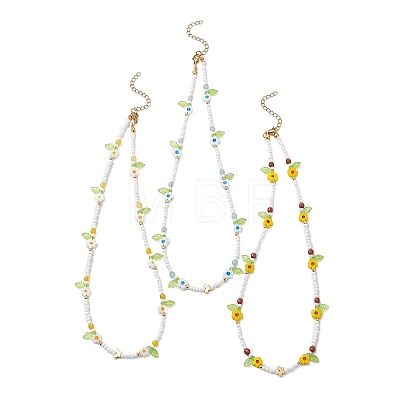 3Pcs 3 Colors Faceted Round Natural Red Jasper & Dyed White Jade & Agate & Flower Handmade Millefiori Glass & Glass Seed Beaded Necklaces for Women NJEW-MZ00150-1