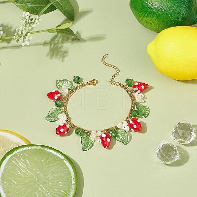 Plastic Imitation Pearl Flower & Acrylic Leaf & Lampwork Strawberry Charms Bracelet BJEW-TA00181-1