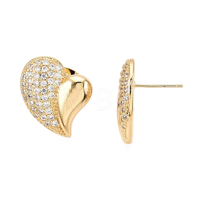 Left and Right Heart Brass Pave Clear Cubic Zirconia Stud Earrings EJEW-M258-040G-1