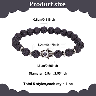 5Pcs 5 Style Natural & Synthetic Mixed Gemstone Round & Hamsa Hand Beaded Stretch Bracelets Set for Women BJEW-AN0001-33-1