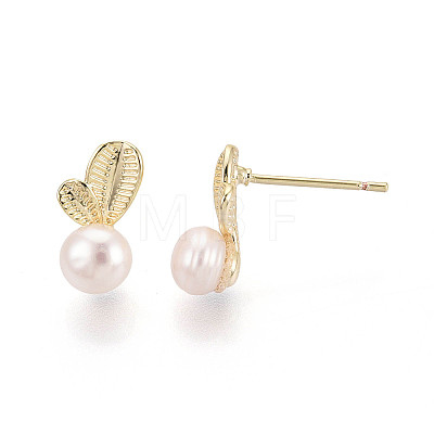 Brass & Natural Pearl Stud Earrings PEAR-N020-WX10-1
