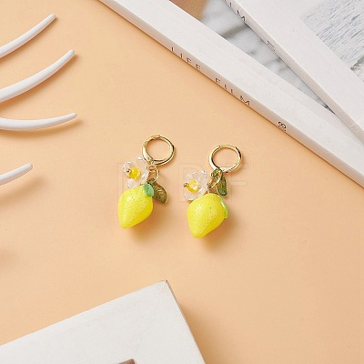 Lemon Resin with Leaf & Imitation Pearl Flower Dangle Leverback Earrings EJEW-TA00192-1