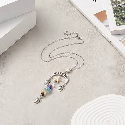 Natural & Synthetic Mixed Gemstone Moon Phase with Starfish Tortoise Pendant Necklace NJEW-JN04247-1