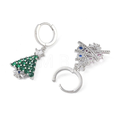 Christmas Tree Brass Pave Colorful Cubic Zirconia Dangle Asymmetrical Earrings EJEW-M257-04A-G-1