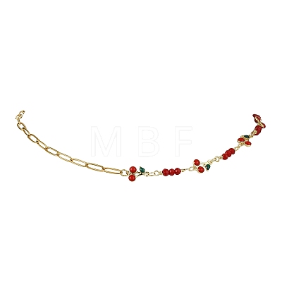 Brass Enamel Red Cherry Link and 304 Stainless Steel Paperclip Chain Necklaces for Women NJEW-JN06162-1