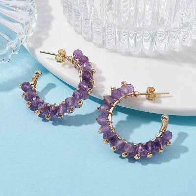 Natural Amethyst Round Beaded Ring Stud Earrings EJEW-JE05430-03-1
