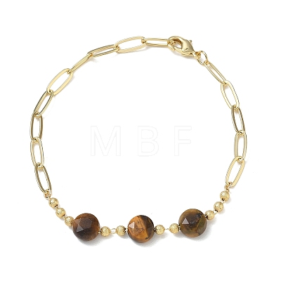 Natural Tiger Eye Faceted Flat Round Beaded Brass Paperclip Chain Bracelets GG-CBA37F5-02G-08-1