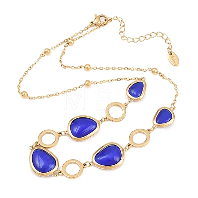 304 Stainless Steel Blue Glass Teardrop Ring Link Chian Necklaces for Women NJEW-D326-03G-1