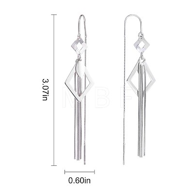 Anti-Tarnish Rhodium Plated 925 Sterling Silver Rhombus with Chain Tassel Dangle Earrings JE1048A-1