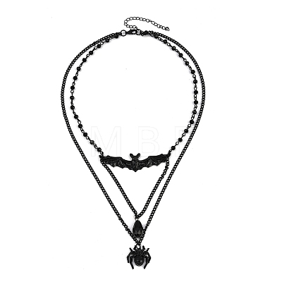 Iron & Teardrop Resin Halloween Bat Spider Pendant Double Layered Necklaces for Women NJEW-A055-01B-EB-1