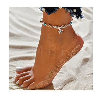 Bohemian Style Natural Shell & Synthetic Turquoise Beaded Anklets Alloy Starfish Charm Anklets for Summer Beach WG85091-01-1