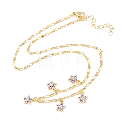 Brass Pave Lilac Cubic Zirconia Flower Pendant Figaro Chain Bib Necklaces for Women NJEW-F364-01G-1