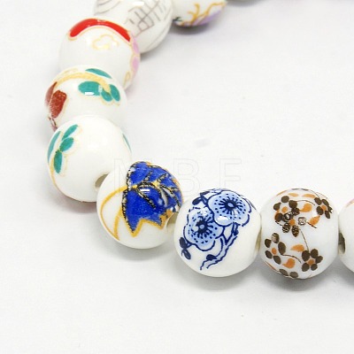 Mixed Styles Handmade Flower Printed Porcelain Ceramic Round Beads Strands PORC-M004-01M-1