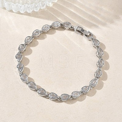 Teardrop Brass Micro Pave Clear Cubic Zirconia Link Chain Bracelets for Women BJEW-C156-07A-P-1