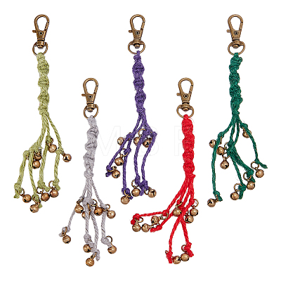 5Pcs 5 Colors Brass Bell Charm with Jute Cord Pendant Decoration HJEW-OC00356-1