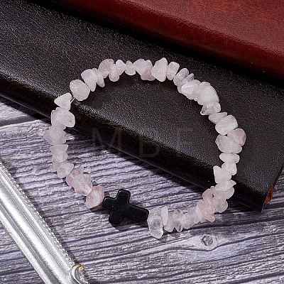 Natural Rose Quartz Chips Stretch Bracelets for Women Men BJEW-JB11341-12-1