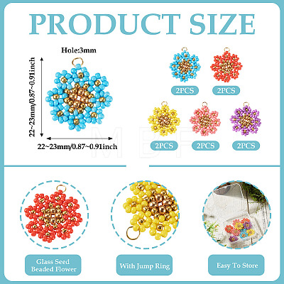 10Pcs 5 Styles Glass Seed Beaded Flower Pendants PALLOY-TA00388-1