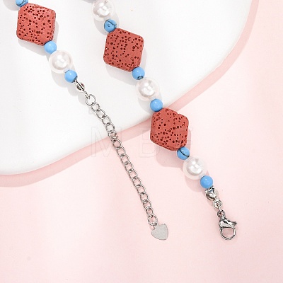 Dyed Natural Lava Rock & Round Synthetic Turquoise & Imitation Pearl Beaded Necklaces GG-CBA922D-07C-1