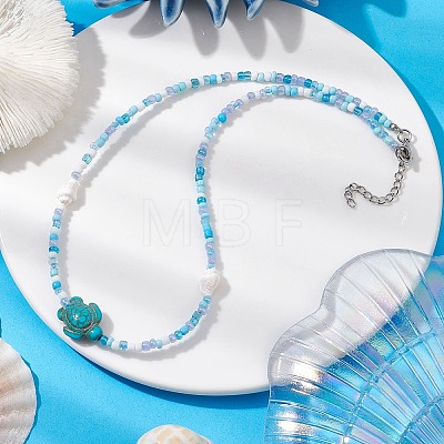 Summer Beach Sea Turtle Dyed Synthetic Turquoise & Glass Seed Beads Beaded Necklaces for Women NJEW-JN05081-01-1