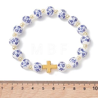 Handmade Flower Printed Porcelain Ceramic & Electroplate Non-magnetic Synthetic Hematite & Alloy Beaded Stretch Bracelets BJEW-JB13532-1